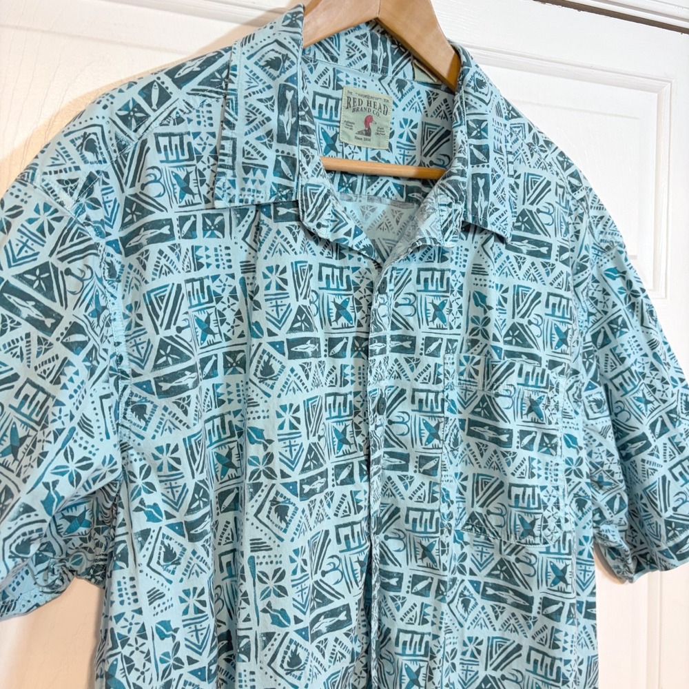 Red Head Mens 2XL Cotton Short Sleeve Button Down Shirt Tribal Fish Blue Teal